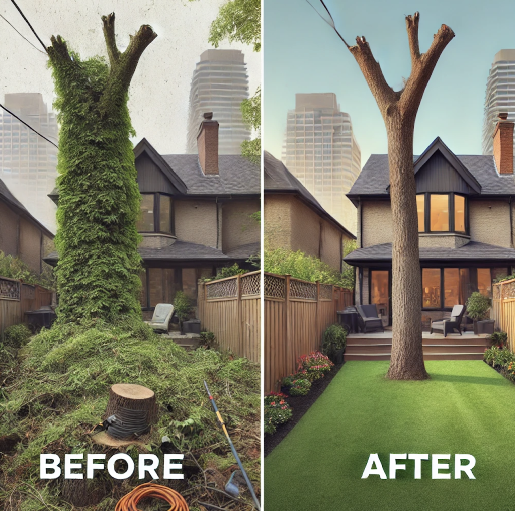 Side-by-side comparison of a backyard in Toronto before and after tree removal, showing the transformation from an overgrown tree to a clean, open space