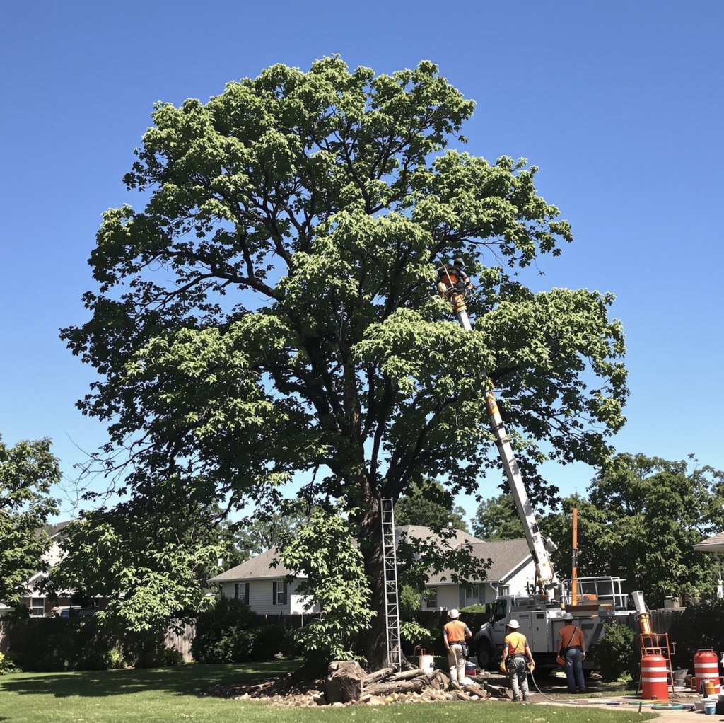 Certified arborist operating a stump grinder and trimming a tree to enhance property safety in Aurora.