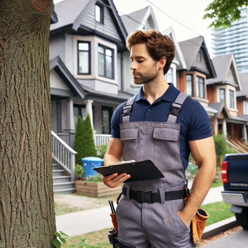 Certified arborist reviewing tree permit report in Toronto office.