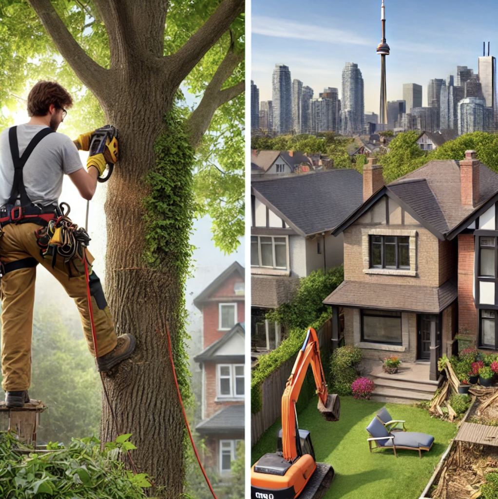 A certified arborist inspecting a mature tree in The Beaches, Toronto, for potential removal.