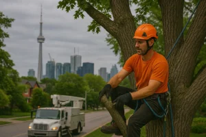 Tree removal crew working in Toronto with safety equipment and tools