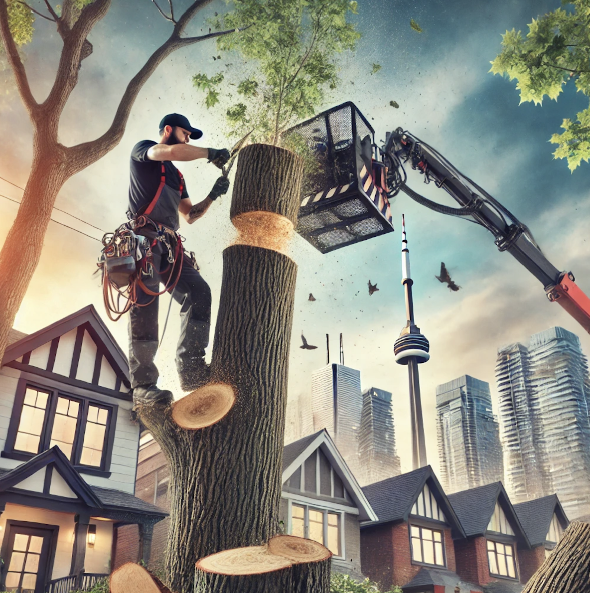 Tree removal crew working in a Toronto neighborhood with modern equipment, pruning large trees in front of homes, with the Toronto skyline visible in the background. The scene showcases expert tree care in an urban environment, blending nature with city life