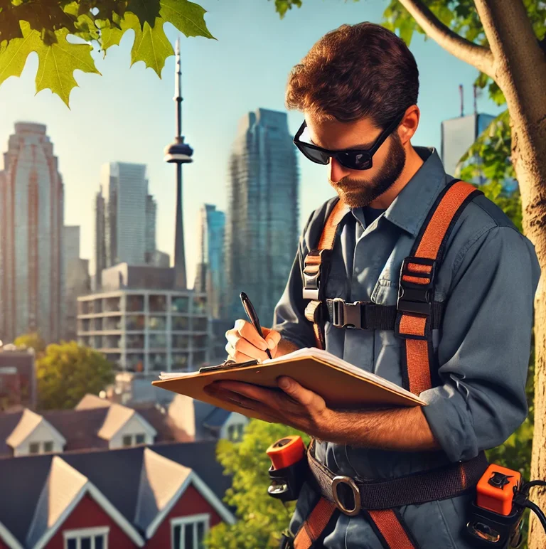 Certified arborist preparing a report for tree permits in Toronto.