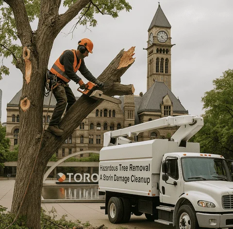 Crew safely removing a cracked tree leaning over a driveway
