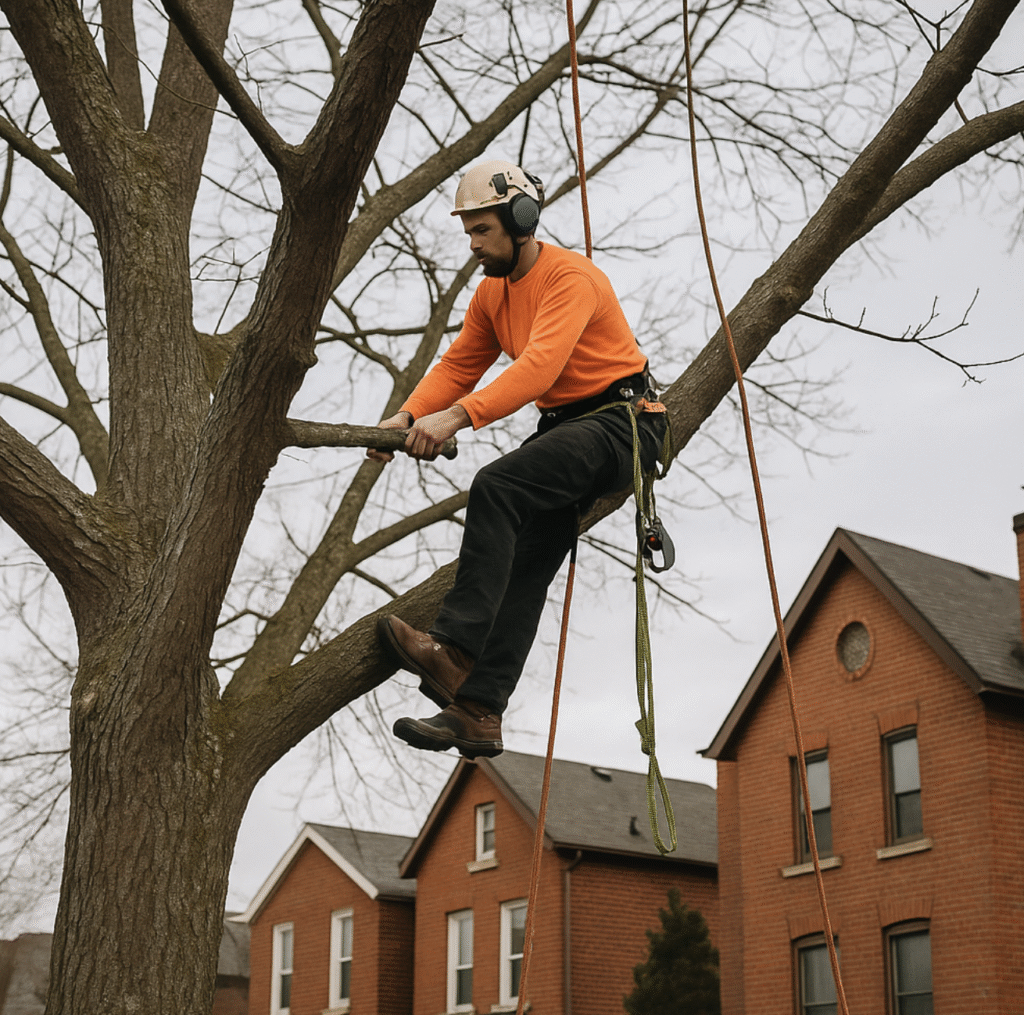 Arborist inspecting maple tree on Symington Avenue