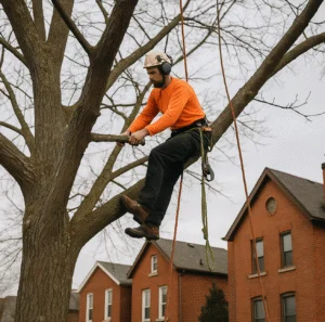 Arborist inspecting maple tree on Symington Avenue