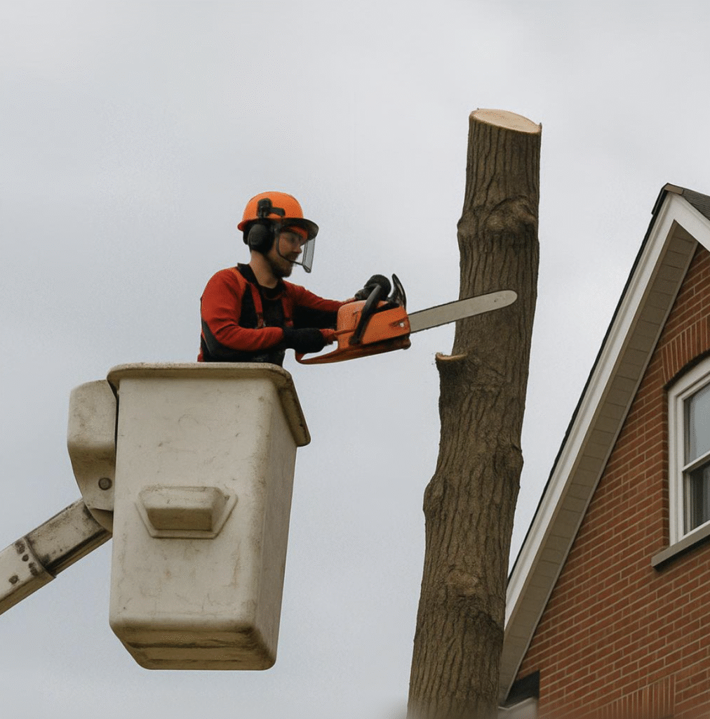 Arborist inspecting tree next to vintage home in Roncesvalles 