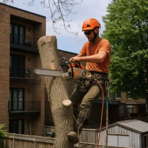 Arborist filling out permit report beside Toronto tree