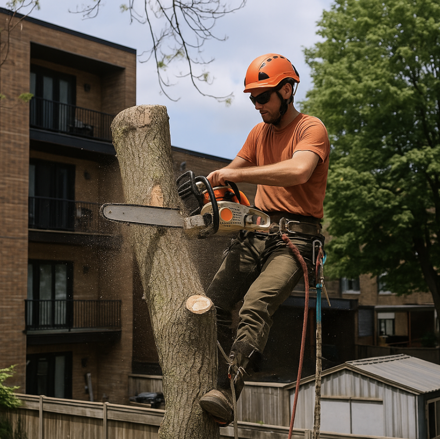 Arborist filling out permit report beside Toronto tree