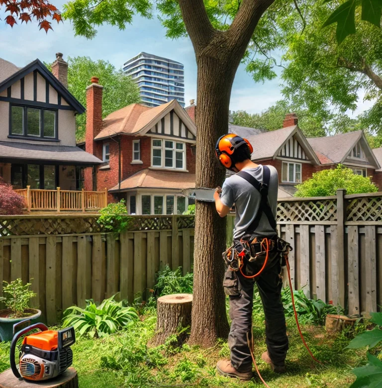 Arborist with clipboard inspecting a tree for permit application in North York