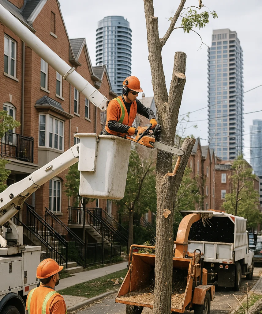 A person cutting down a tree on private property in Toronto.