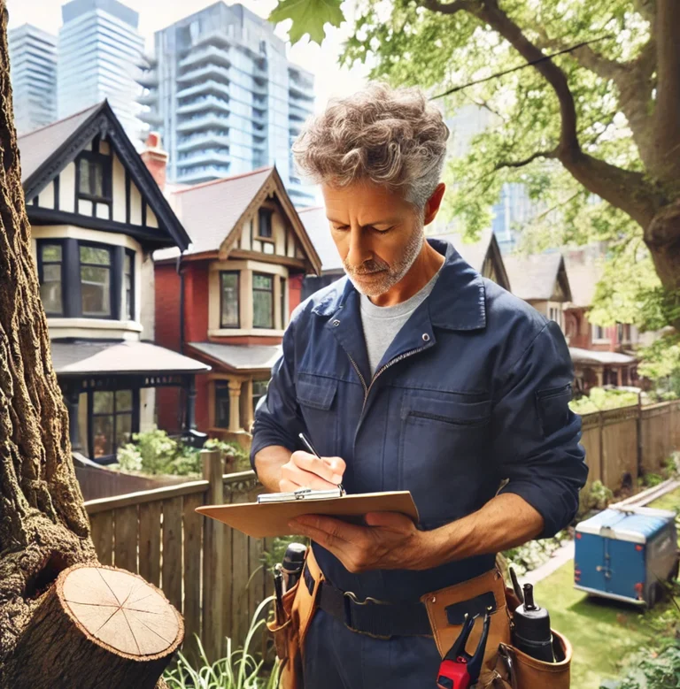 Tree health inspection in Davisville backyard