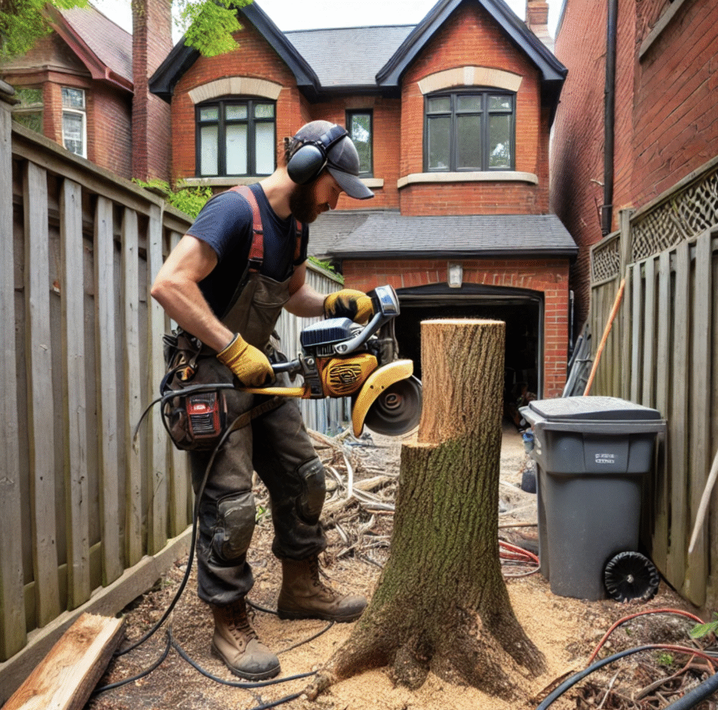 Stump grinding service in narrow Davisville backyard