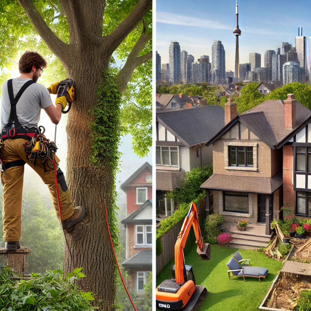 Tree pruning in East York residential yard 