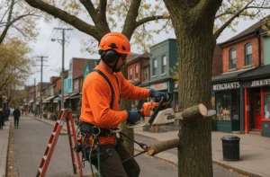 Fallen tree being cleared from alleyway after storm