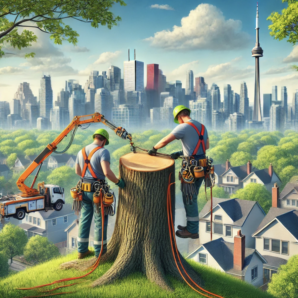 Toronto arborists performing emergency tree removal following a severe storm, preventing property damage.