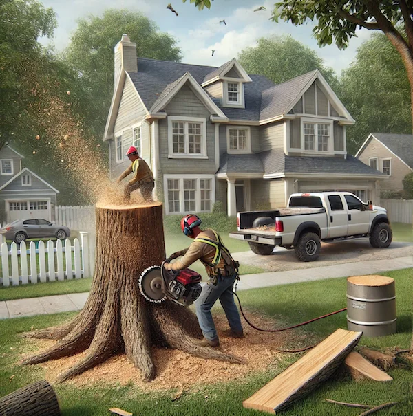  A worker operating a stump grinder to remove a tree stump in a well-maintained Forest Hill neighborhood.