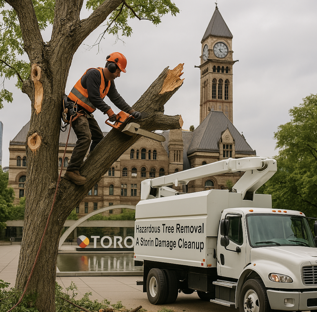 Crew safely removing a cracked tree leaning over a driveway