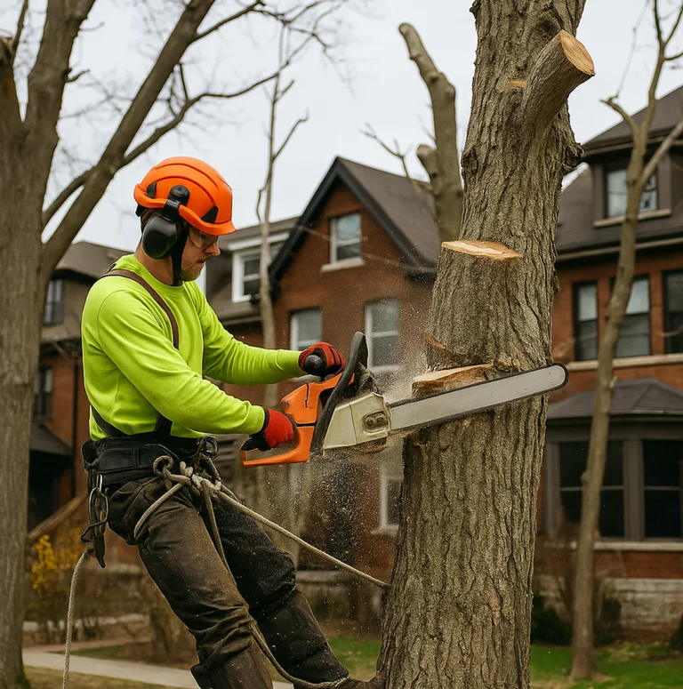 Certified arborist examining tree base in High Park trail area