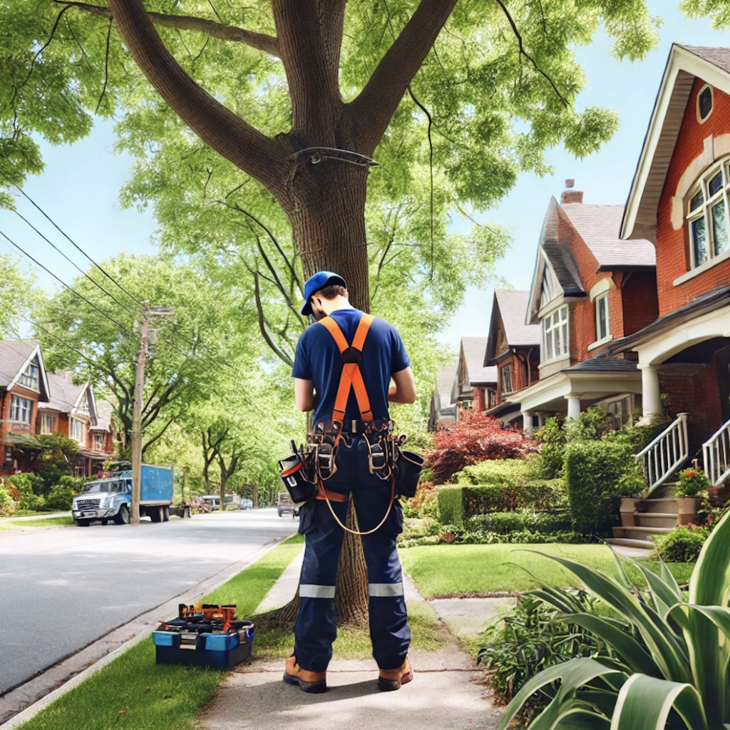Certified arborist assessing a tree in Leaside