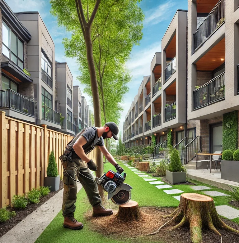 Arborist inspecting tree near Liberty Village rooftop patio