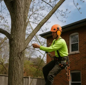 Arborist grinding a stump in a small backyard near Bloor West