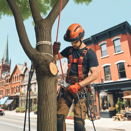 Tree stump being ground down in downtown Toronto