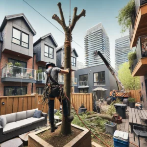 Stump grinder being used in narrow side yard in Liberty Village