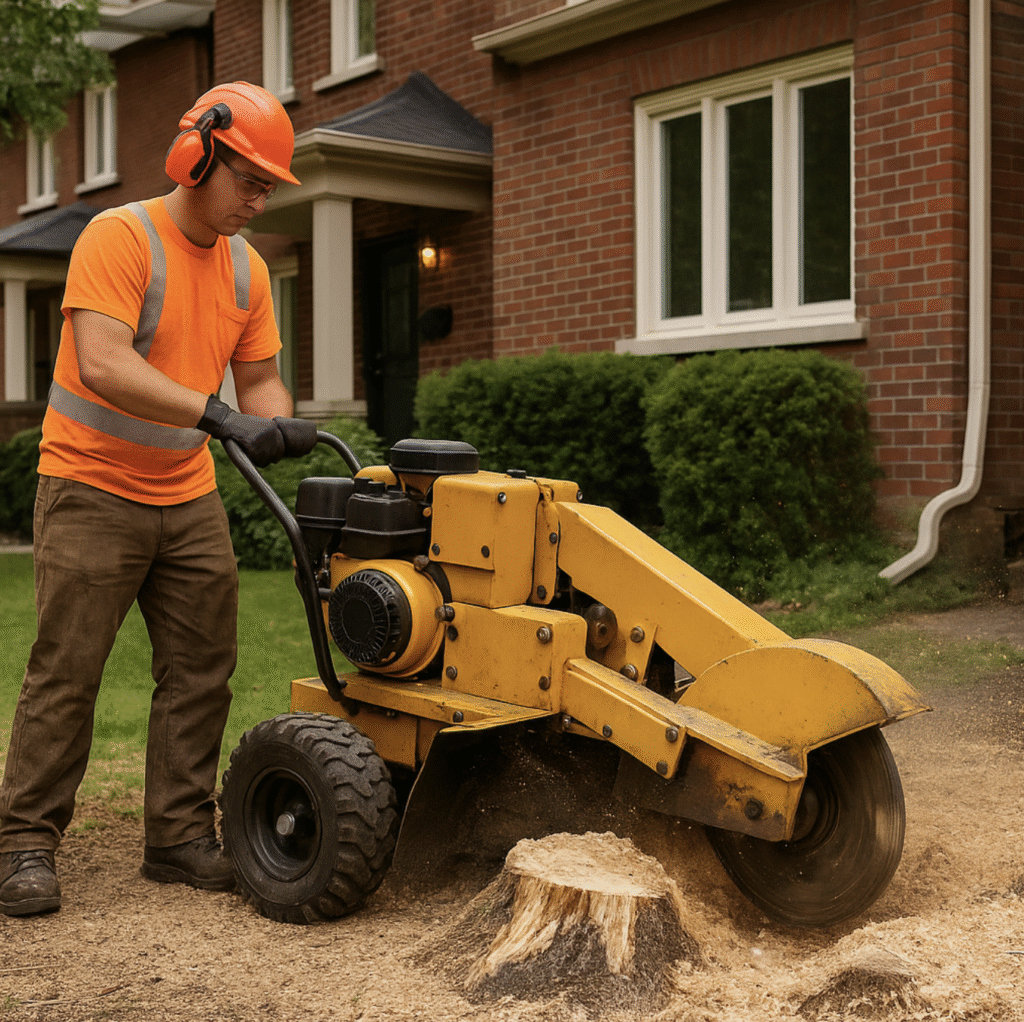 Arborist performing stump grinding after tree removal in Yonge–Eglinton