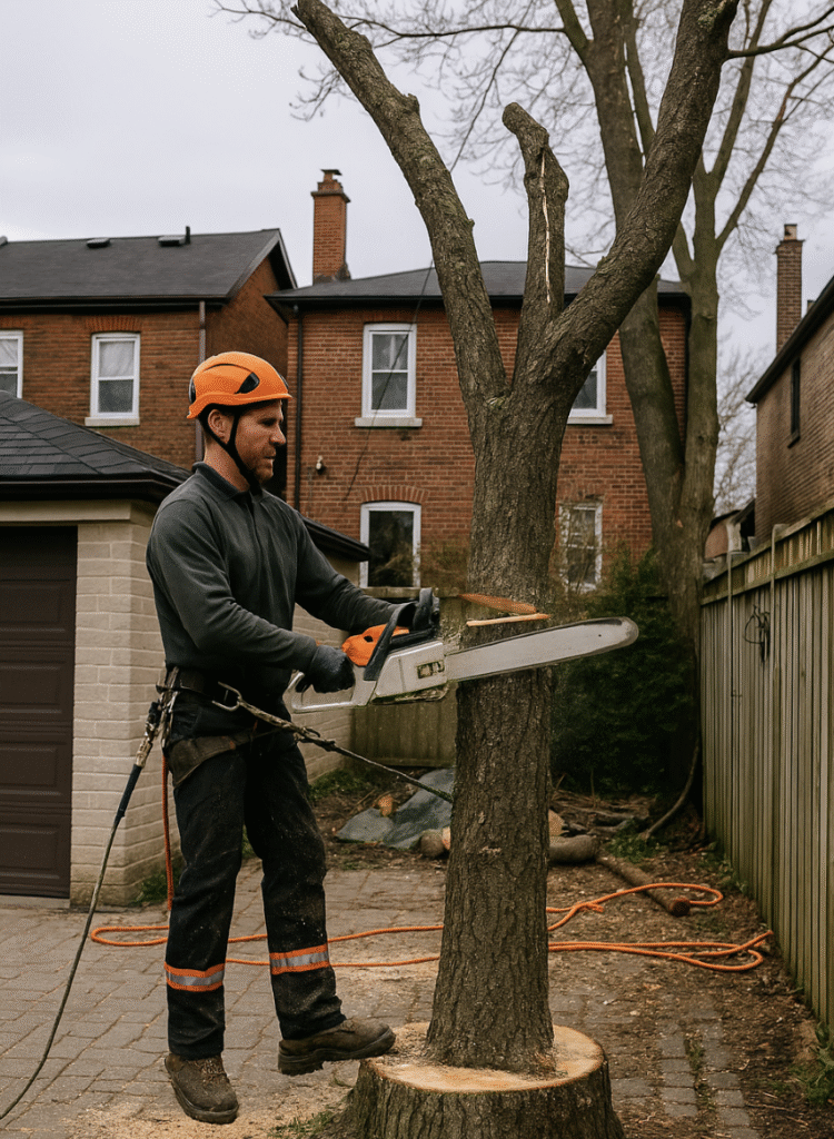 Arborist using compact stump grinder on urban Toronto lot