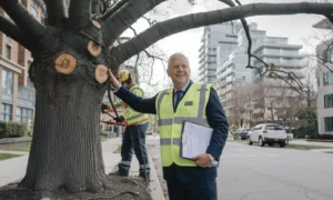Tree marked for removal with permit paperwork in Toronto