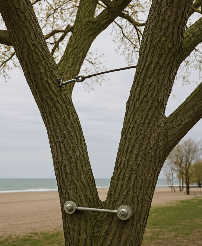 Cabled and braced tree in small residential Toronto yard