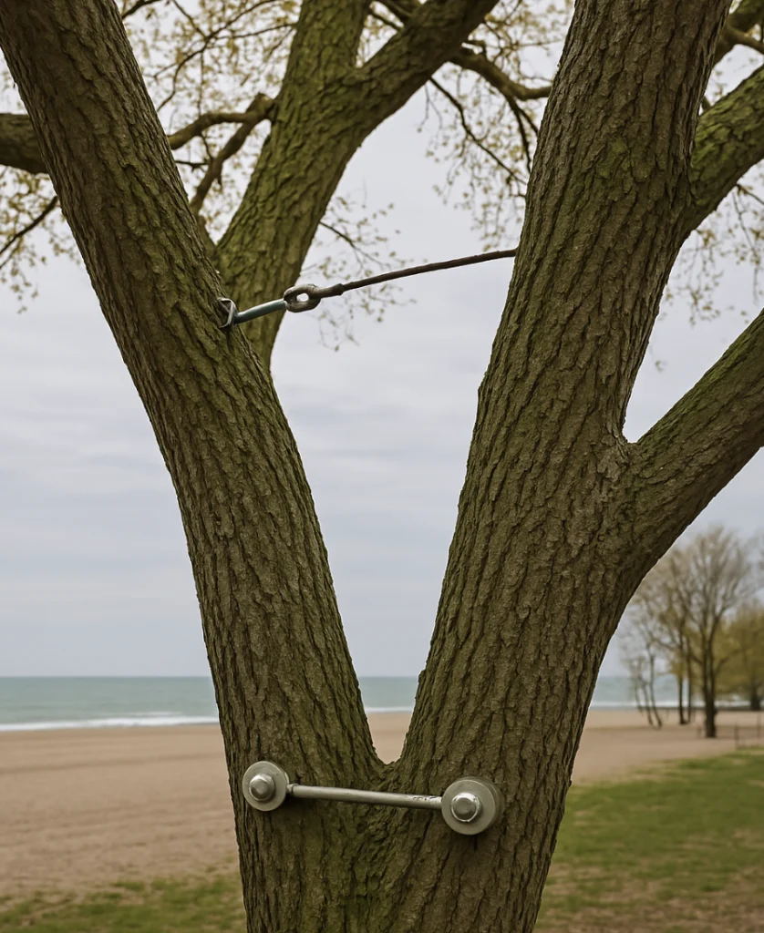Cabled and braced tree in small residential Toronto yard