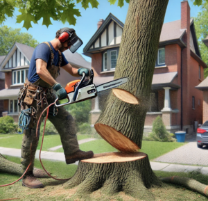 Arborist inspecting tree health with binoculars near waterfront homes in The Beaches, Toronto