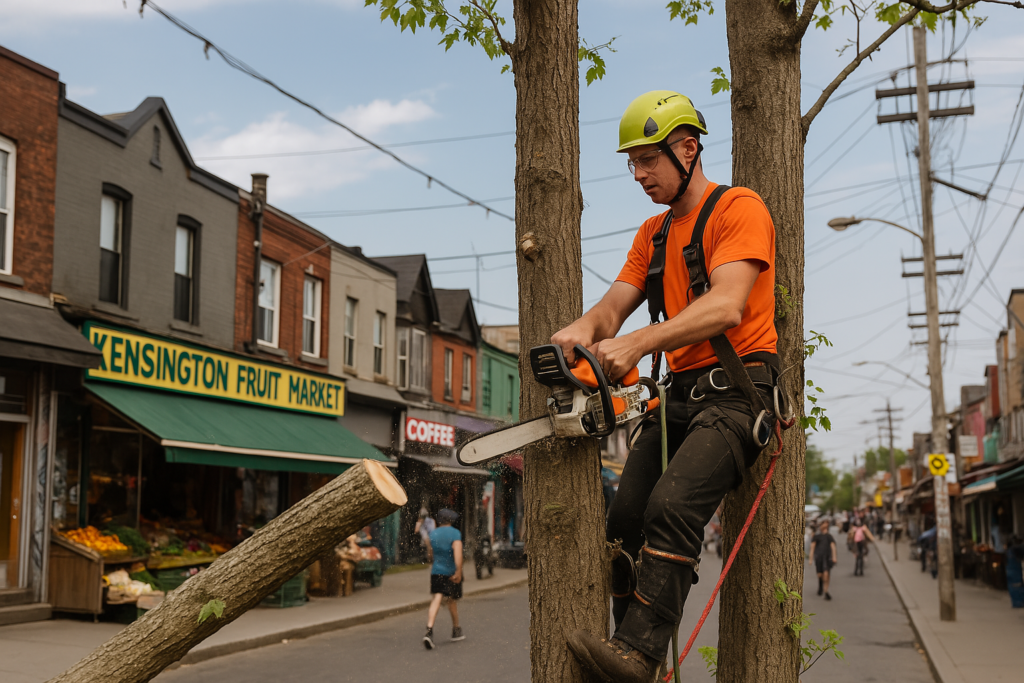 Arborist pruning tree branches on a residential street in East York