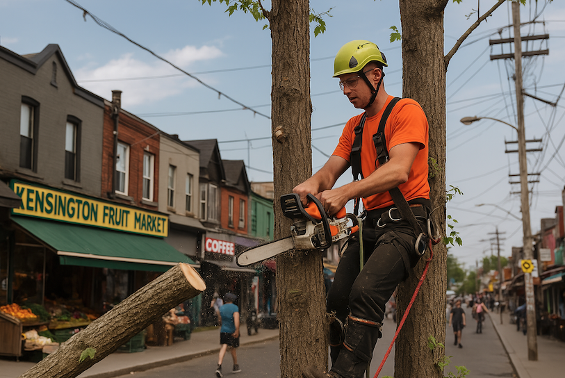 Tree trimming over storefront on Kensington Ave
