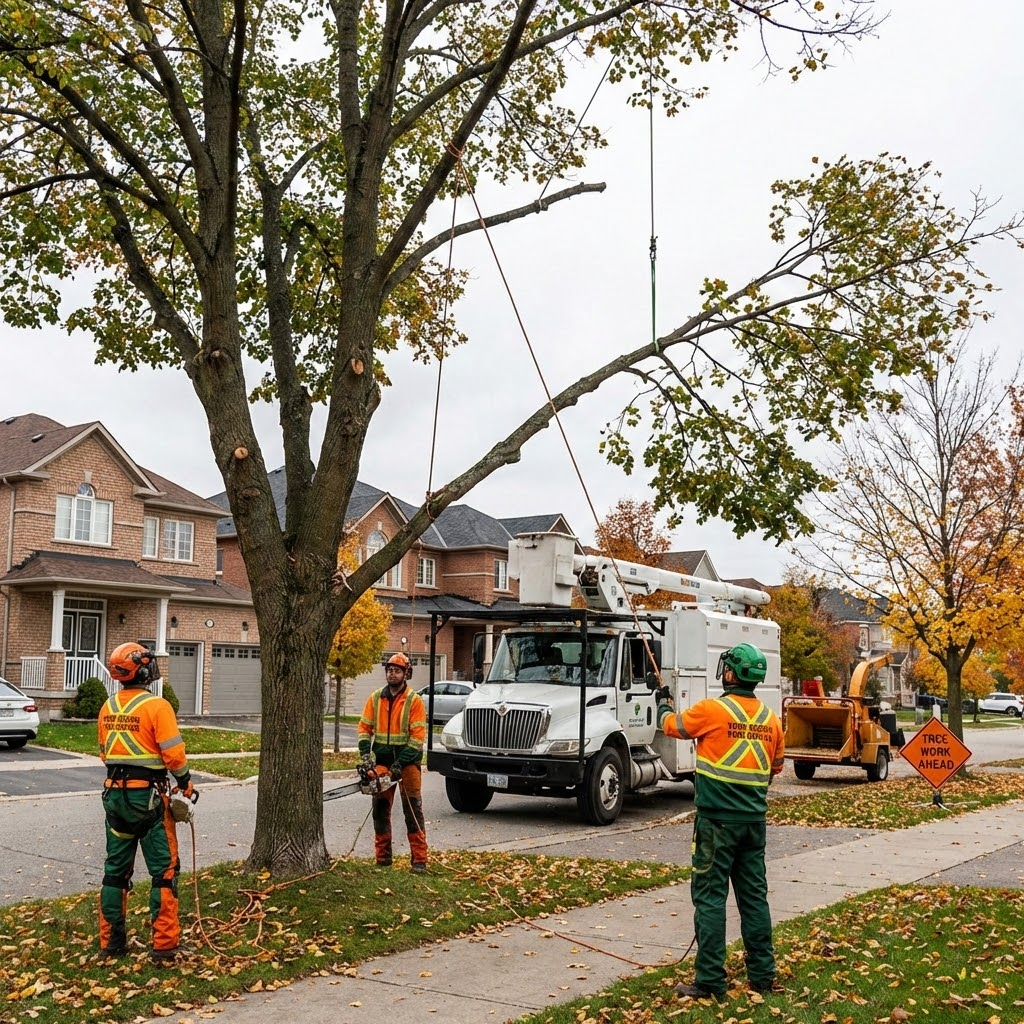 tree removal aurora york region professional arborist crew removing tree suburban property