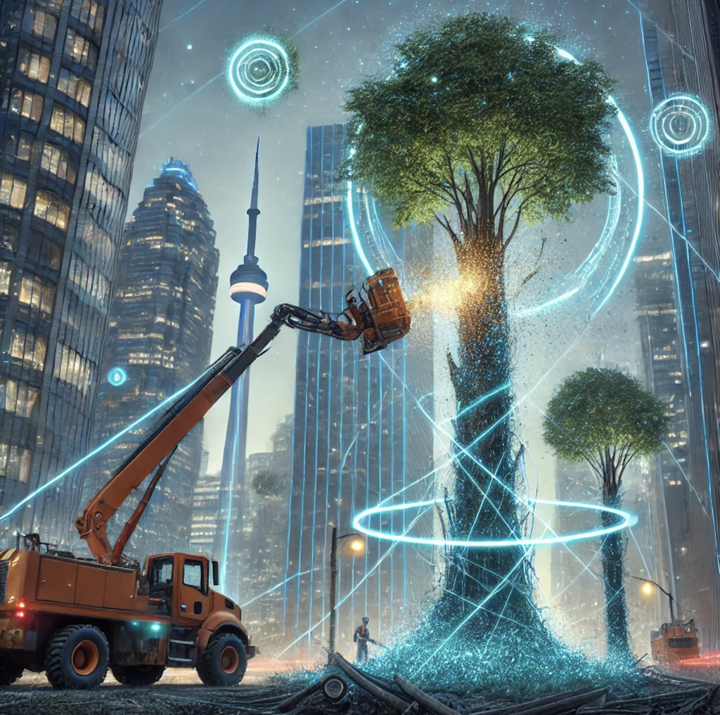 High-tech tree removal in downtown Toronto, showcasing advanced equipment and glowing trees near iconic urban landmarks, highlighting tree removal cost considerations in the area