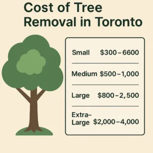An infographic displaying tree removal costs in Toronto, featuring a tree illustration and a pricing guide ranging from $300 for small trees to $4,000 for extra-large ones.