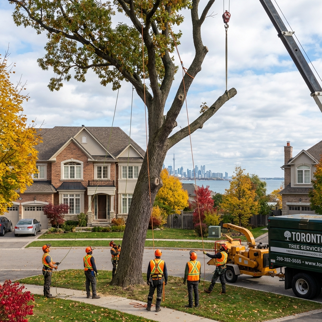 tree removal etobicoke toronto professional arborist crew cutting tree suburban waterfront property