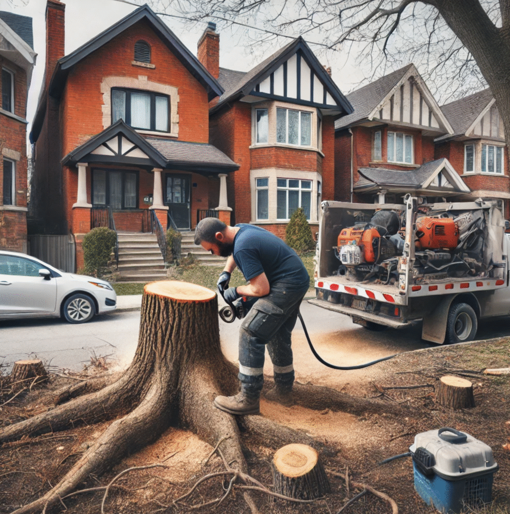  Arborist cutting tree next to suburban homes in North York