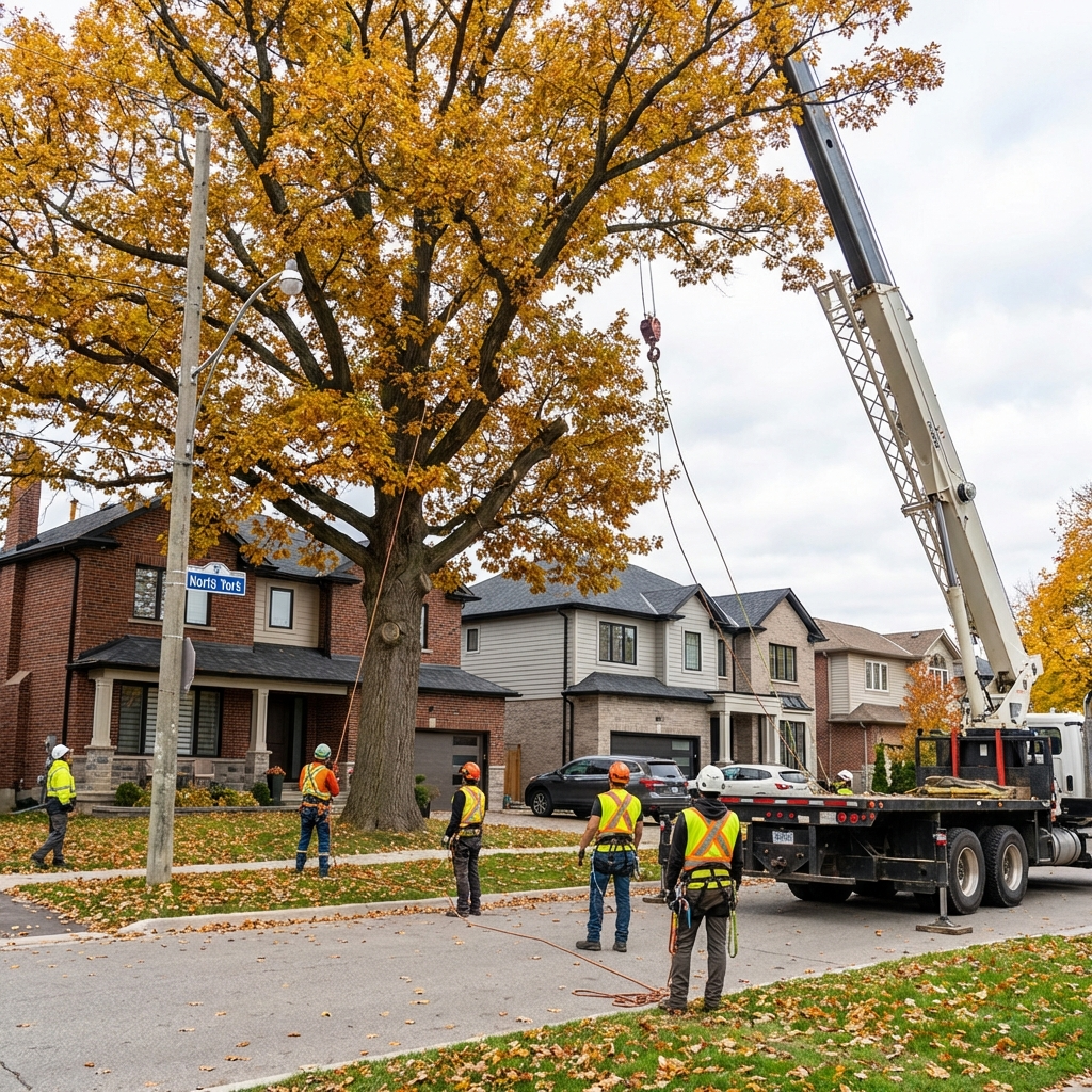 tree removal north york toronto professional arborist crew safely cutting down large tree residential property
