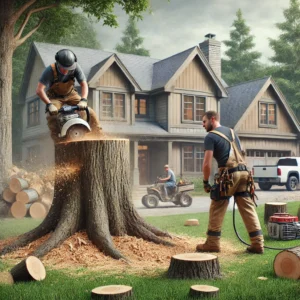 Professional arborists tree removal in the annex, using specialized equipment.