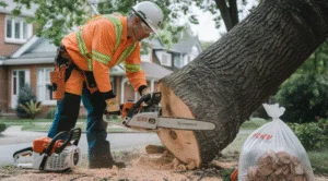 Arborist cutting down tree next to high-rise condo in Yonge and Eglinton