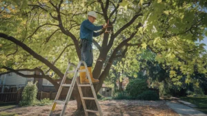 tree removal team trimming trees in the city's east end